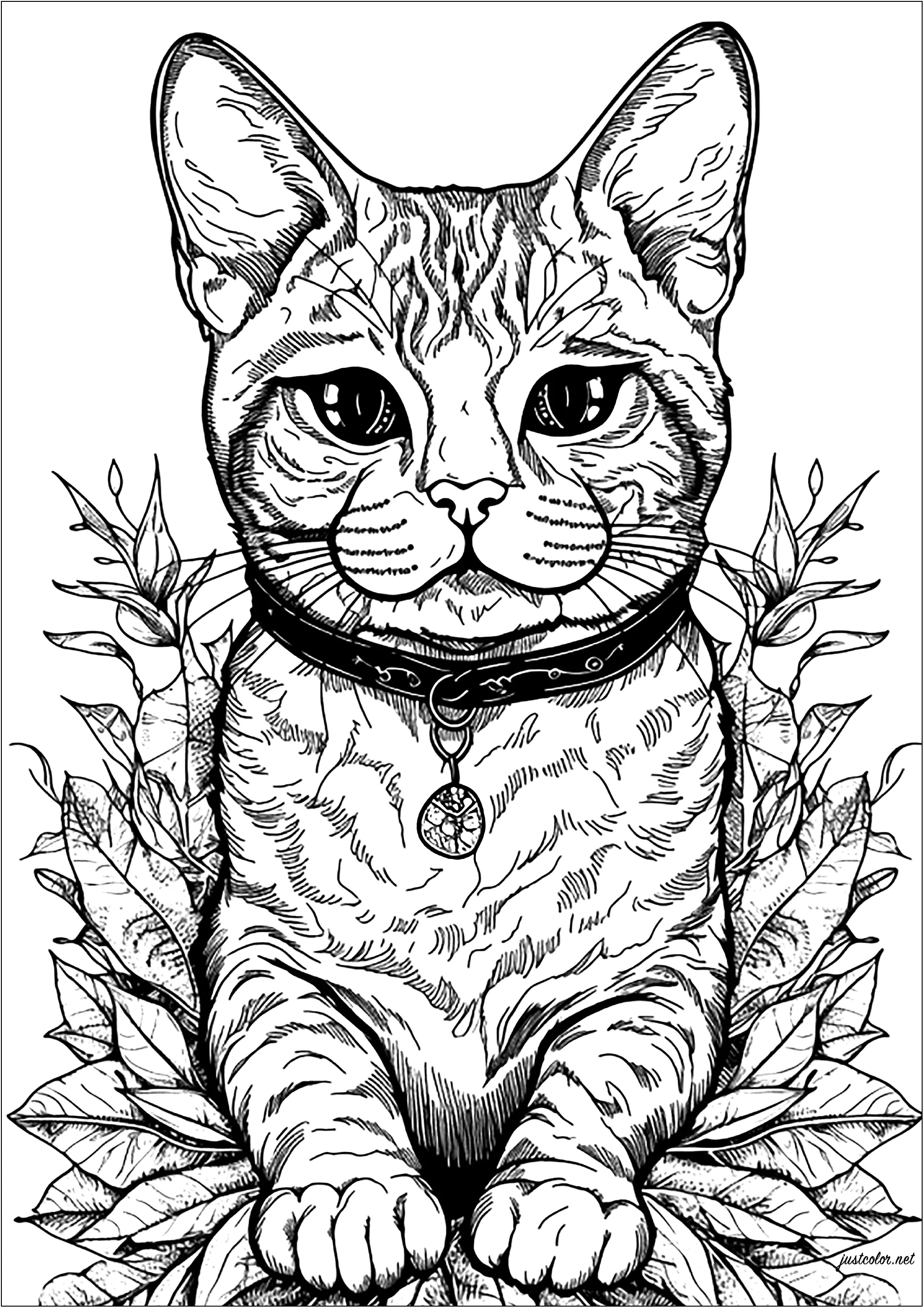 漂亮的猫和树叶 (适合成人打印的着色 : 猫)