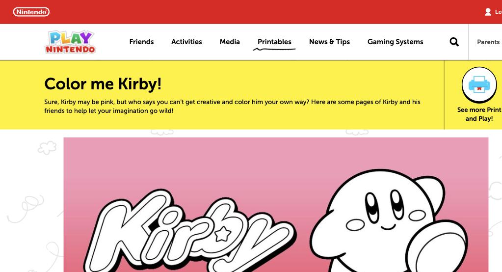 Desenhos oficiais de Kirby para imprimir no Play Nintendo