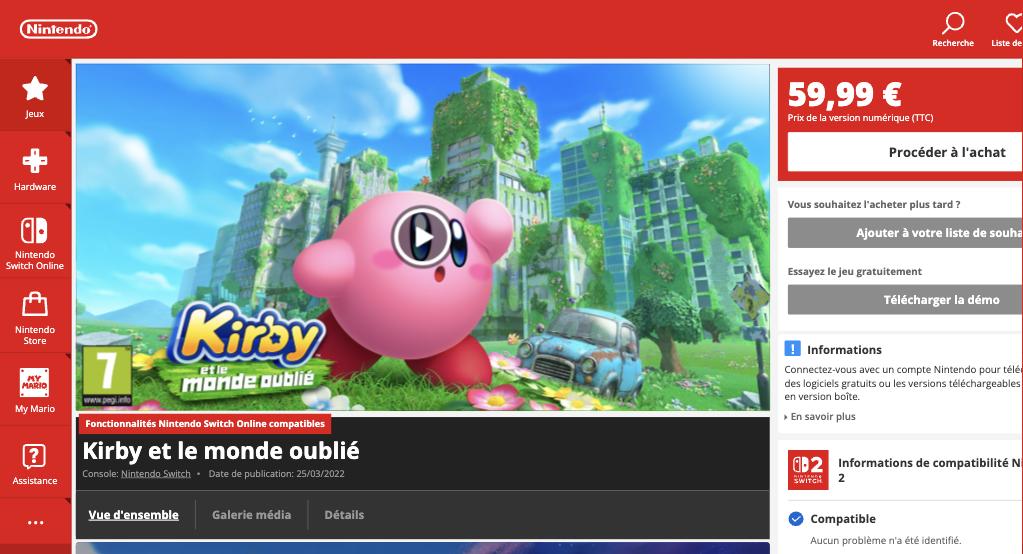 Ficha em francês de Kirby e o Mundo Esquecido no Nintendo.fr
