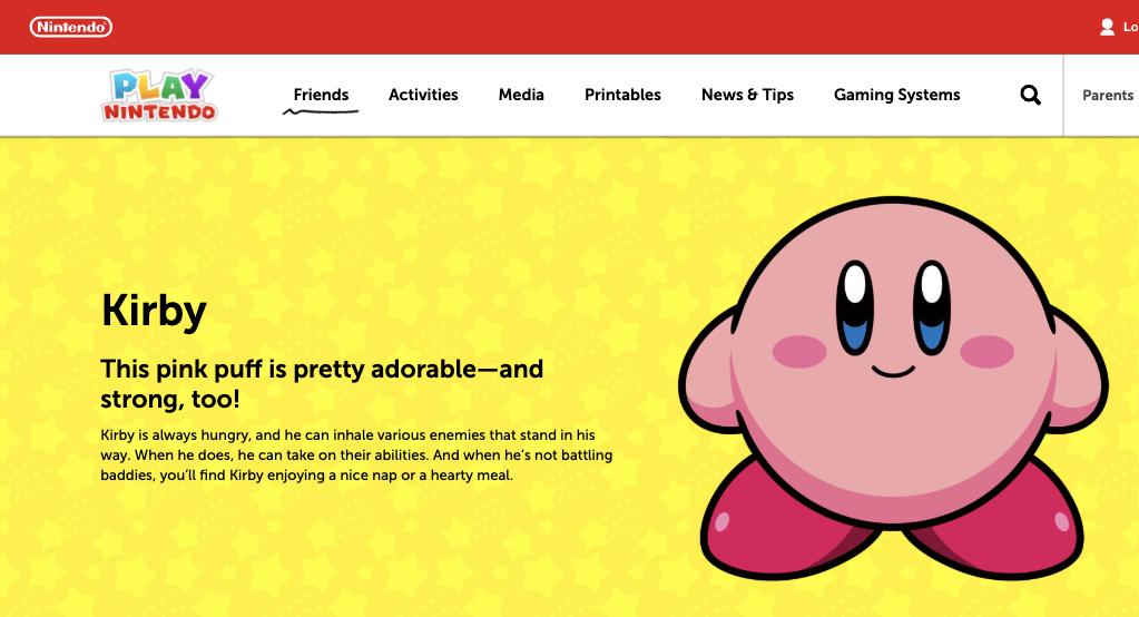 Página Kirby no site oficial Play Nintendo