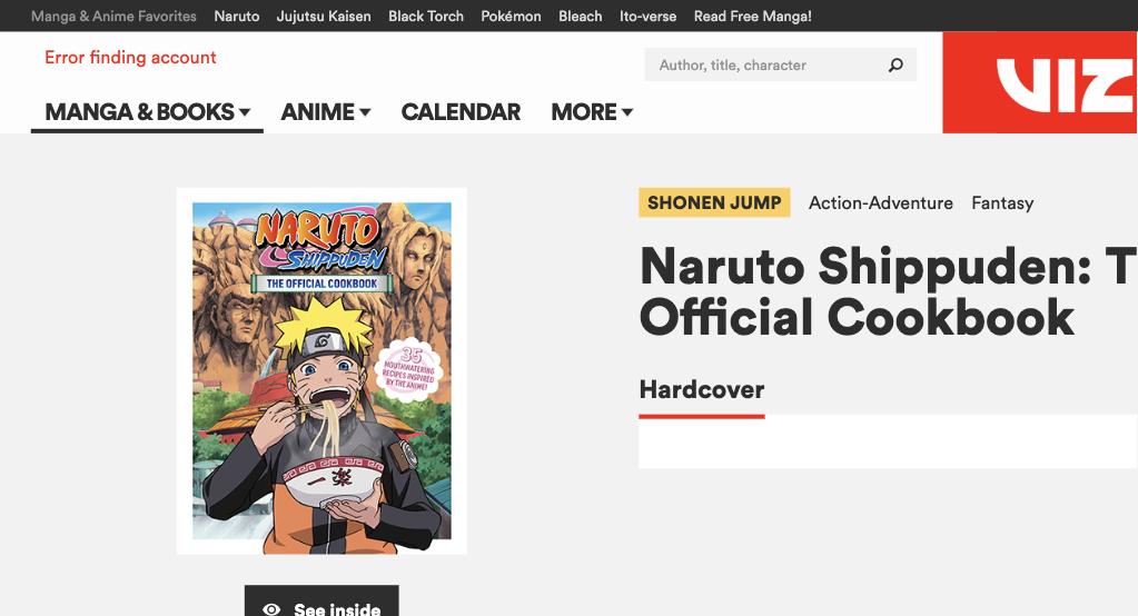 Página oficial do livro de receitas Naruto Shippuden na VIZ