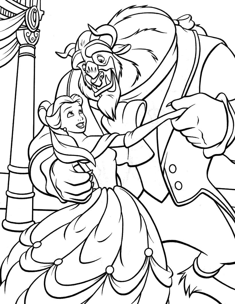 O baile da Bela e do Monstro (Página de A bela e A Fera para colorir e imprimir para crianças)