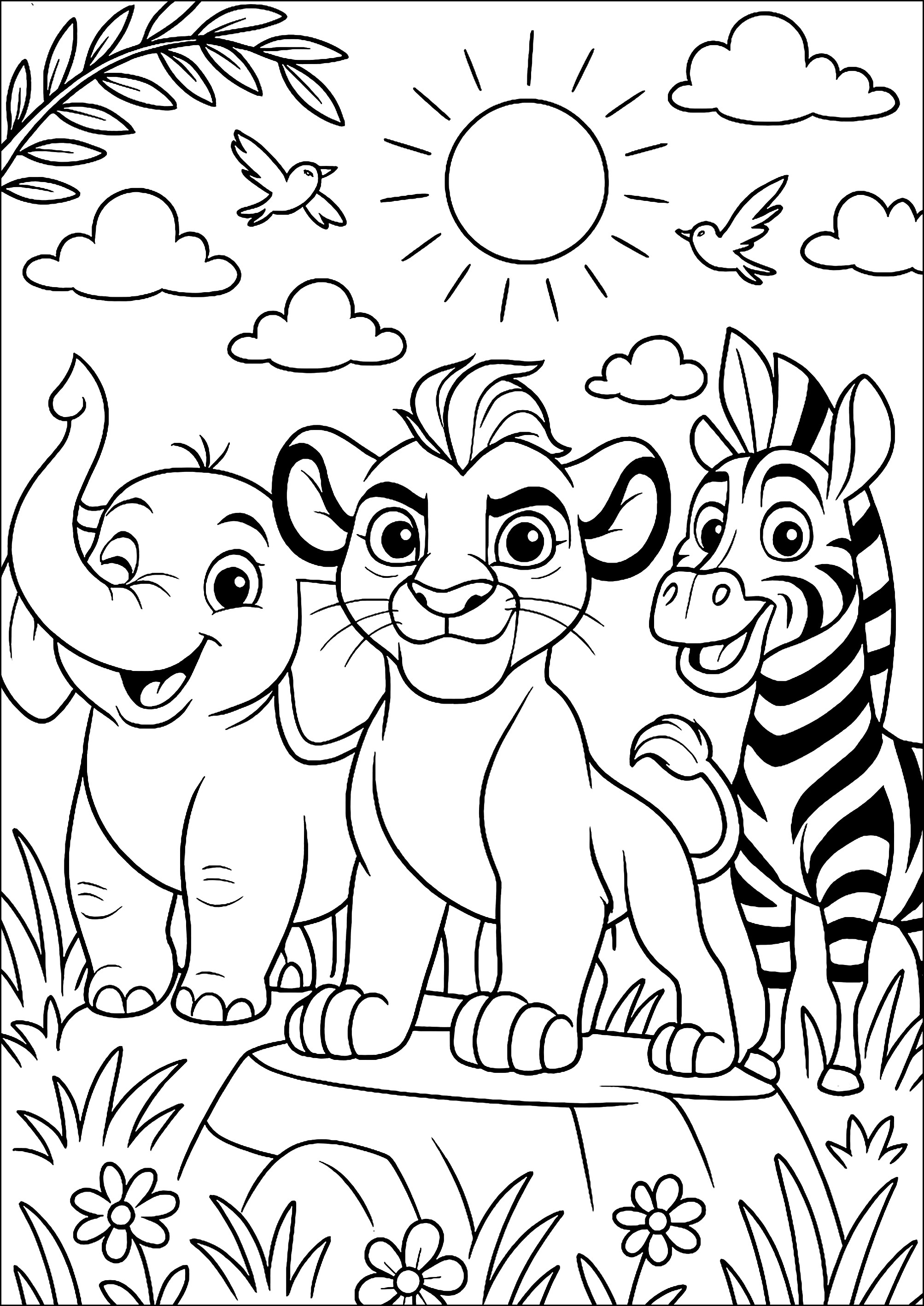 Simba com um elefante e uma zebra (Página de A Guarda do Leão para colorir e imprimir para crianças)