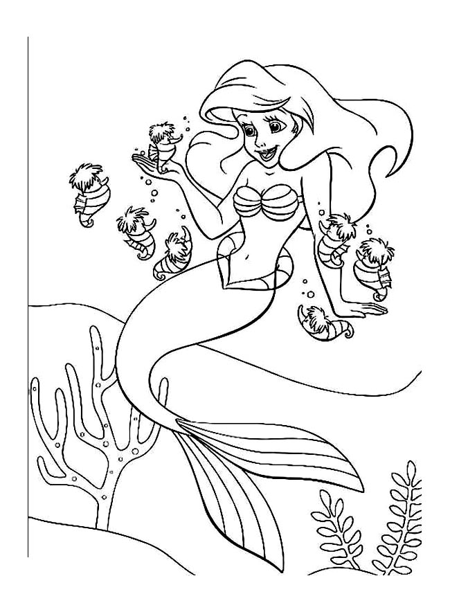 Desenho de linda pequena sereia com peixe para colorir para imprimir