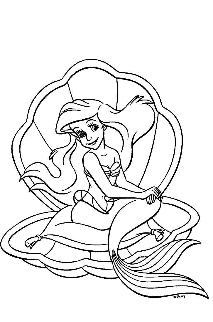 Página de para colorir para crianças : A Pequena Sereia (Disney) : Ariel numa concha Página de para colorir e imprimir para crianças : A Pequena Sereia (Disney) : Ariel numa concha