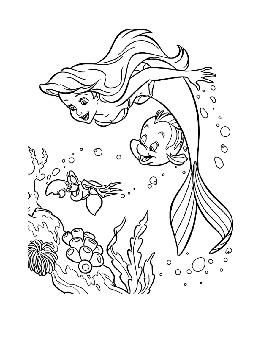 Ariel e os seus amigos no fundo do mar (Página de A pequena Sereia para colorir e imprimir para crianças)
