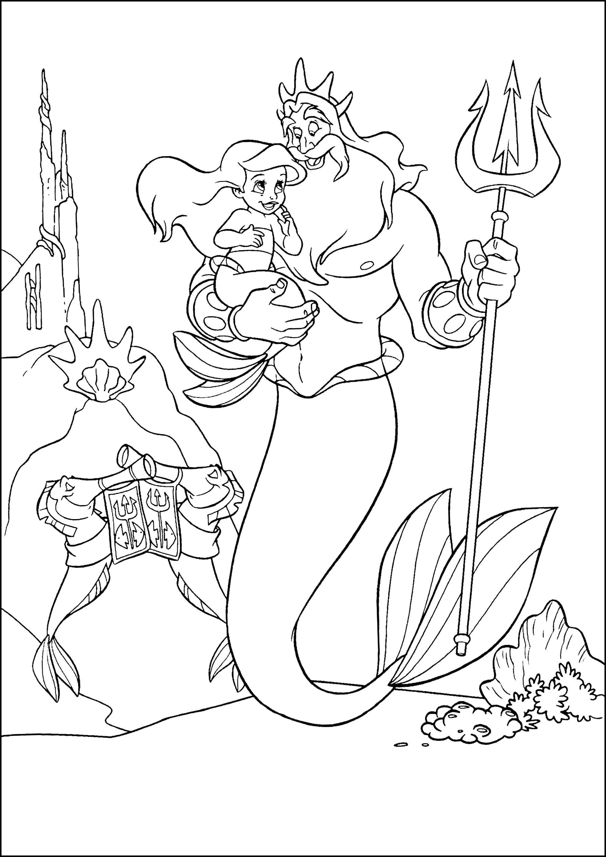Página de A pequena Sereia para colorir para crianças : Ariel em criança com o seu pai Página de A pequena Sereia para colorir e imprimir para crianças : Ariel em criança com o seu pai