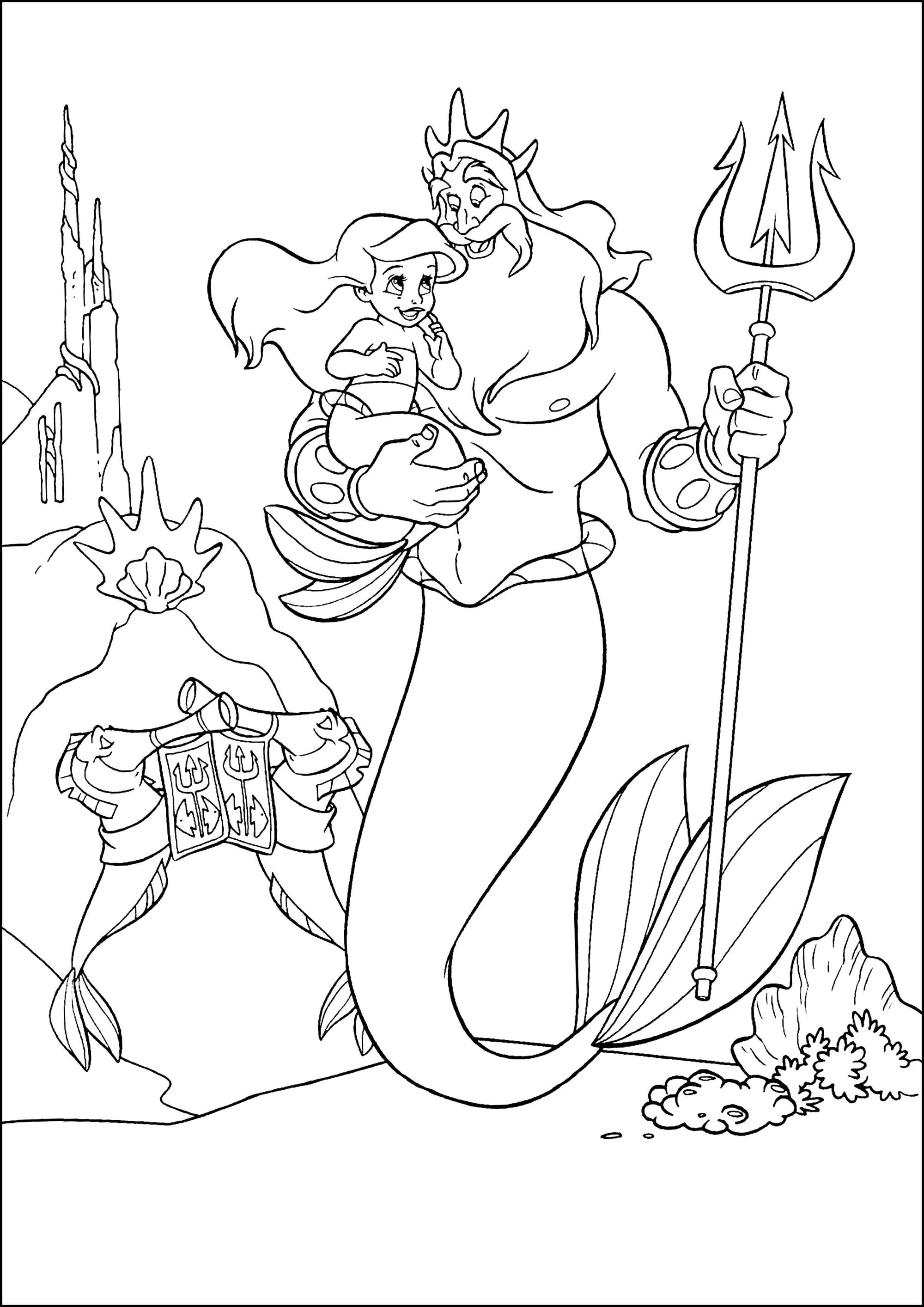 Ariel em criança com o seu pai (Página de A pequena Sereia para colorir e imprimir para crianças)