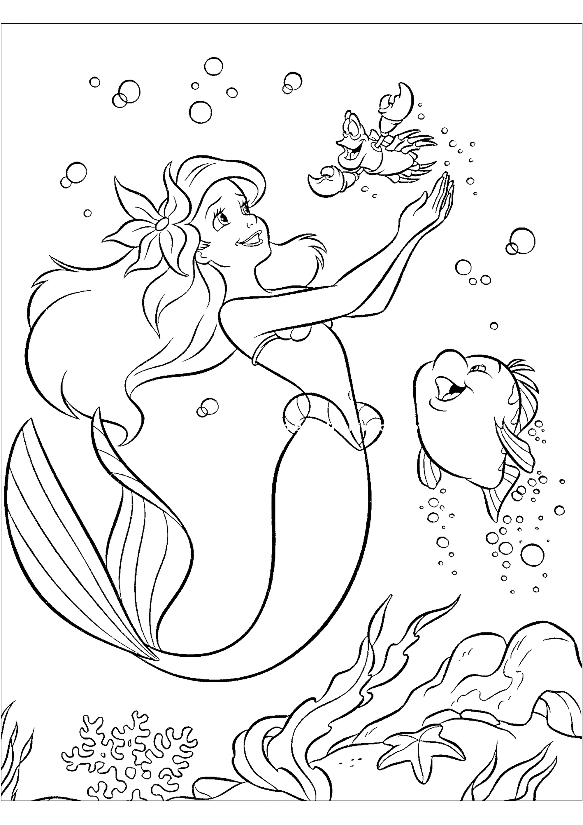 Ariel com Sébastien, a lagosta, e Polochon, o seu amigo peixe (Página de A pequena Sereia para colorir e imprimir para crianças)