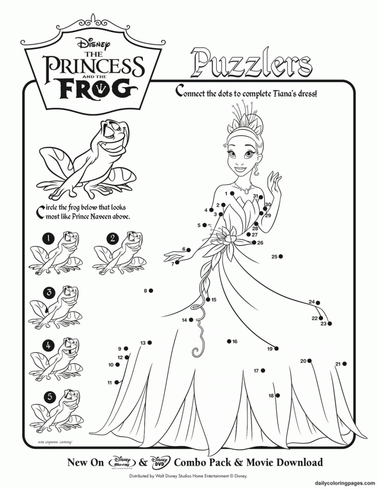 Atividade A princesa e o Sapo: ligar os pontos (Página para colorir e imprimir para crianças)