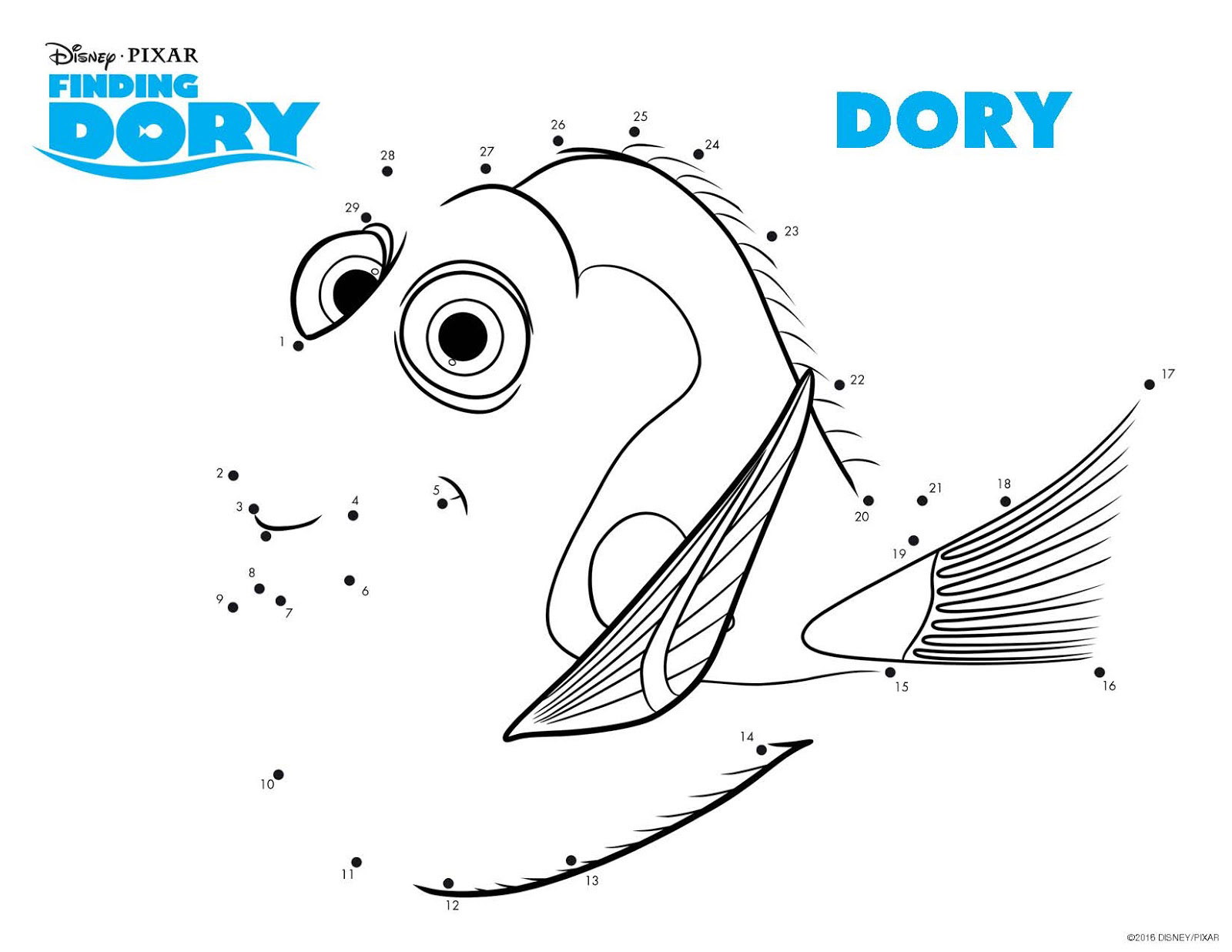 Dory: um desenho a ser ligado ponto a ponto, depois colorido, para os mais pequenos