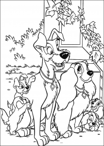 Um casal canino feliz (Página de A senhora e o vagabundo para colorir para crianças)
