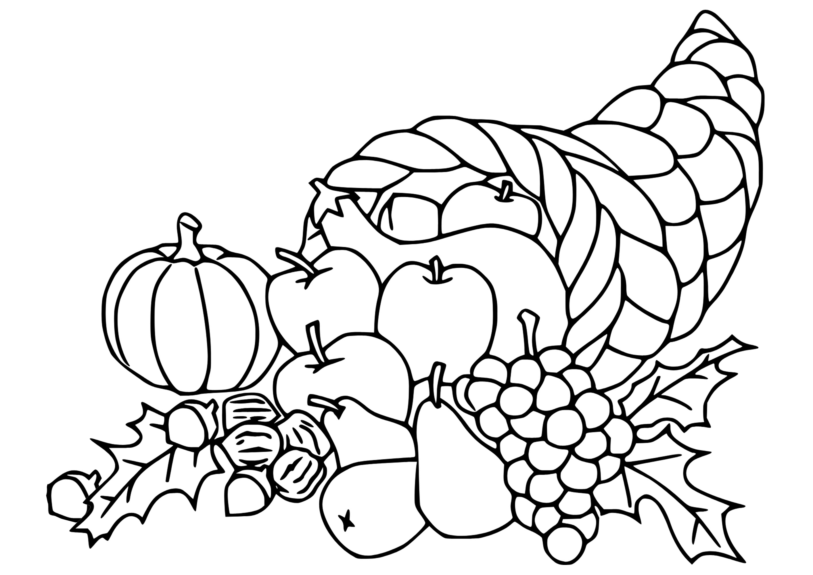 Corne d'abondance de la Ação de graças (Thanksgiving). Alguns frutos e legumes desenhados de forma simples na forma desta cornucópia