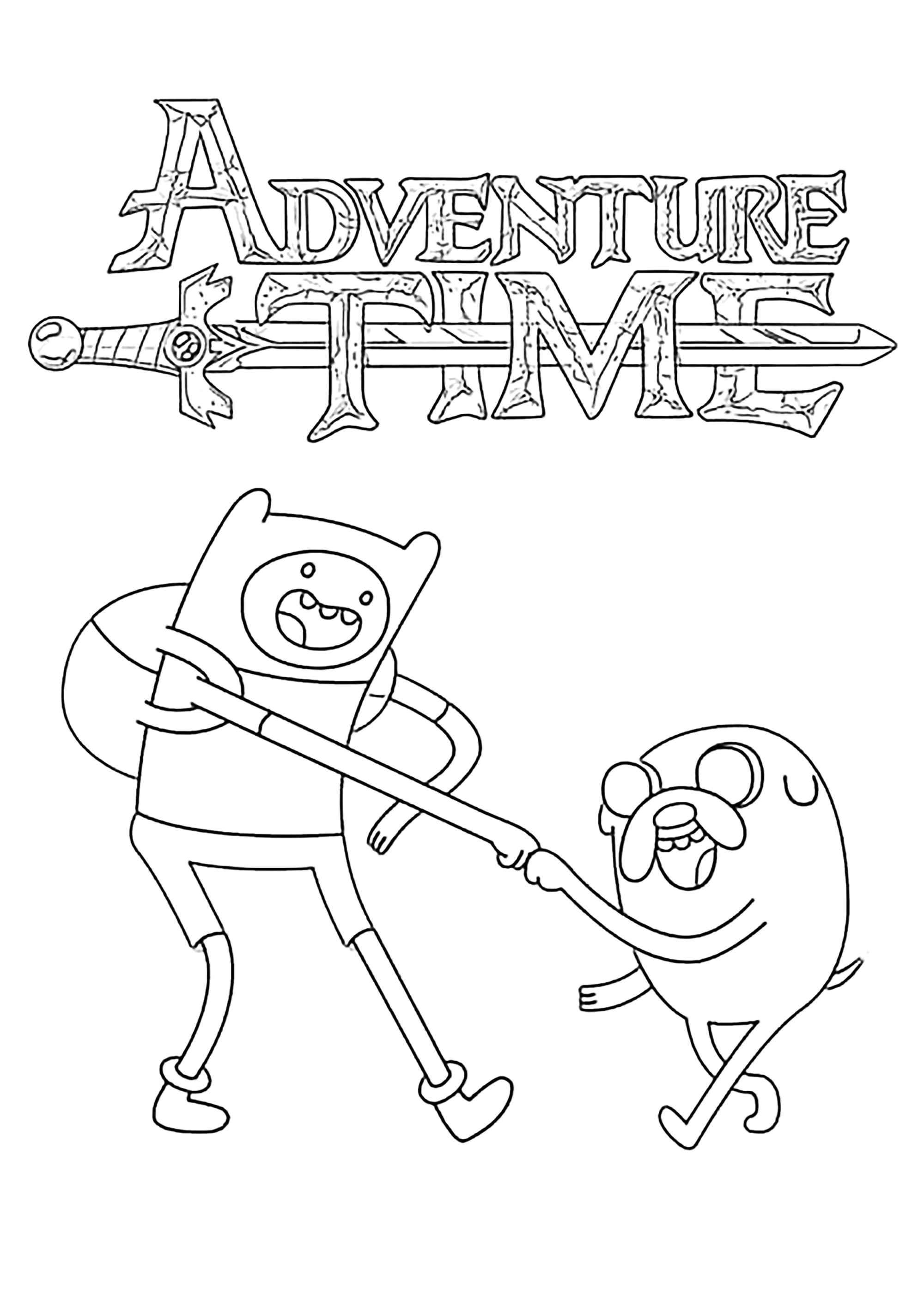 Finn e Jake com o logótipo da espada (Página de Adventure Time para colorir e imprimir para crianças)