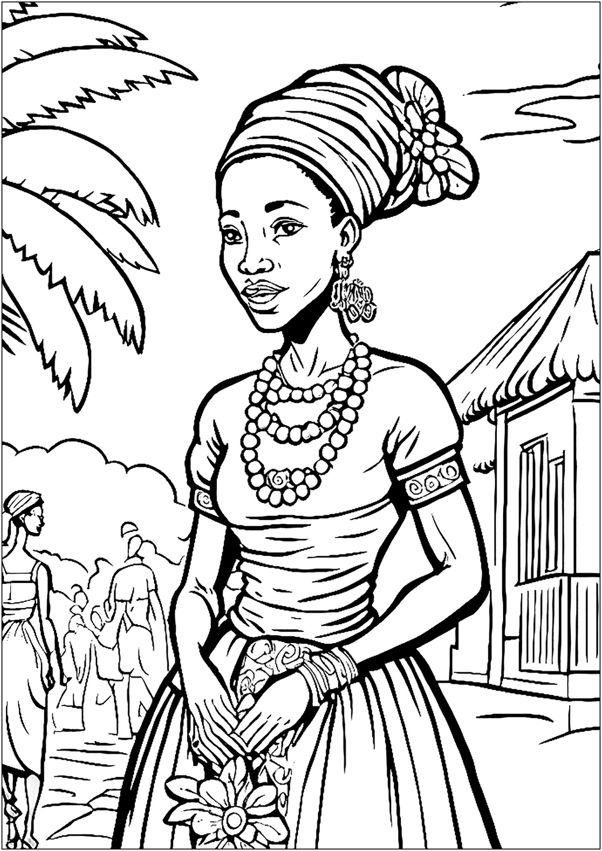 Mulher africana em roupa típica, numa bela aldeia