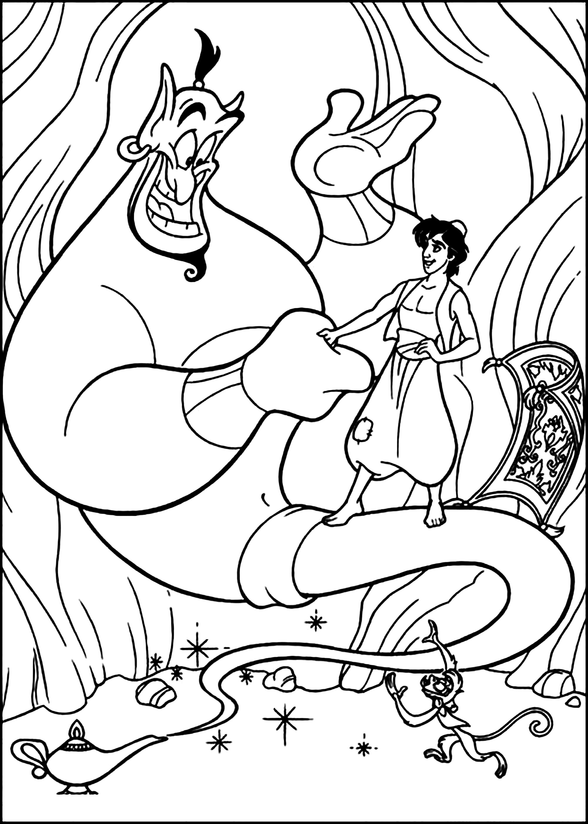 Aladino e o Génio na caverna - Aladin e Jasmine - Páginas para colorir para  crianças