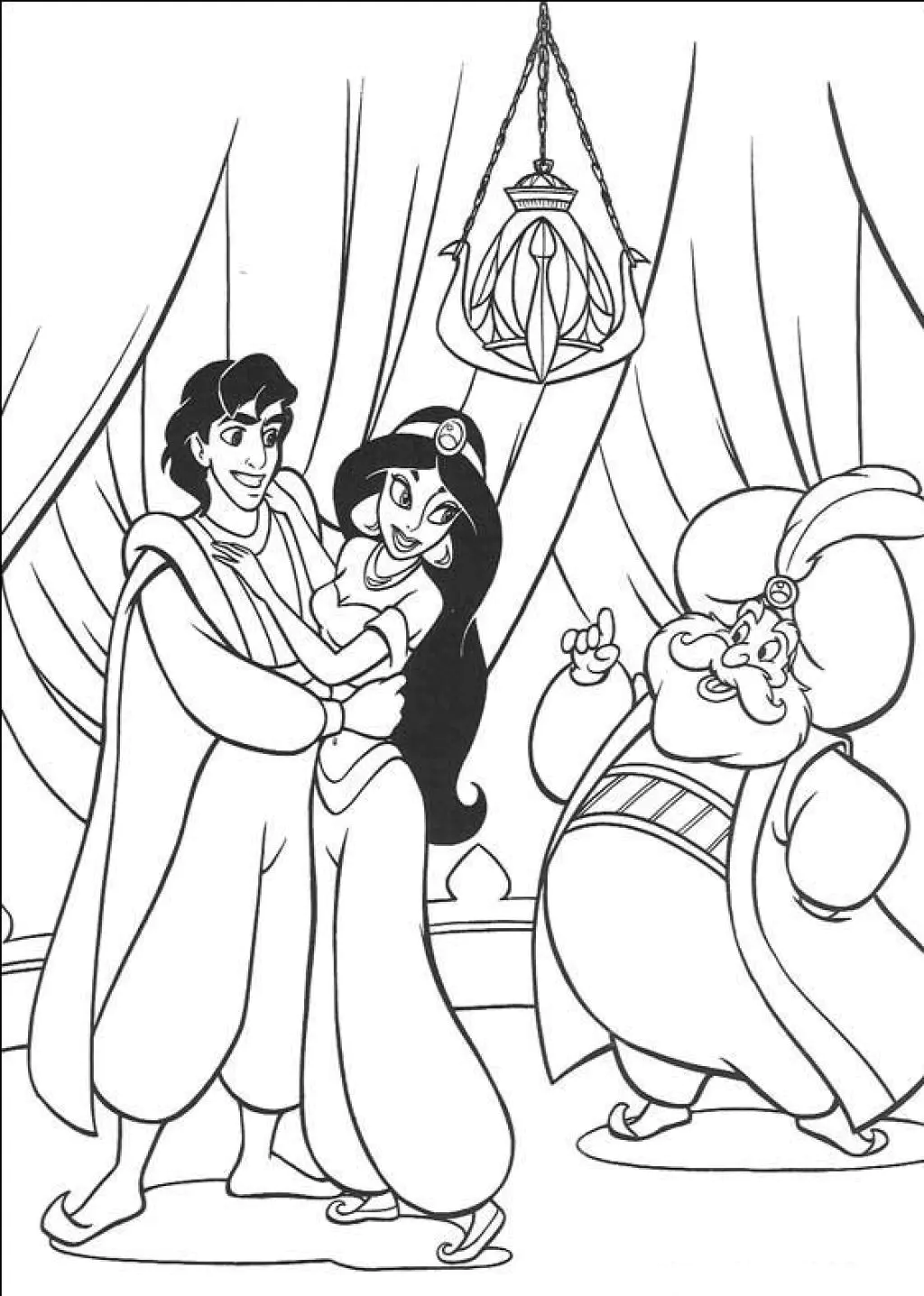 O príncipe e a princesa (Página de Aladin e Jasmine para colorir e imprimir para crianças)