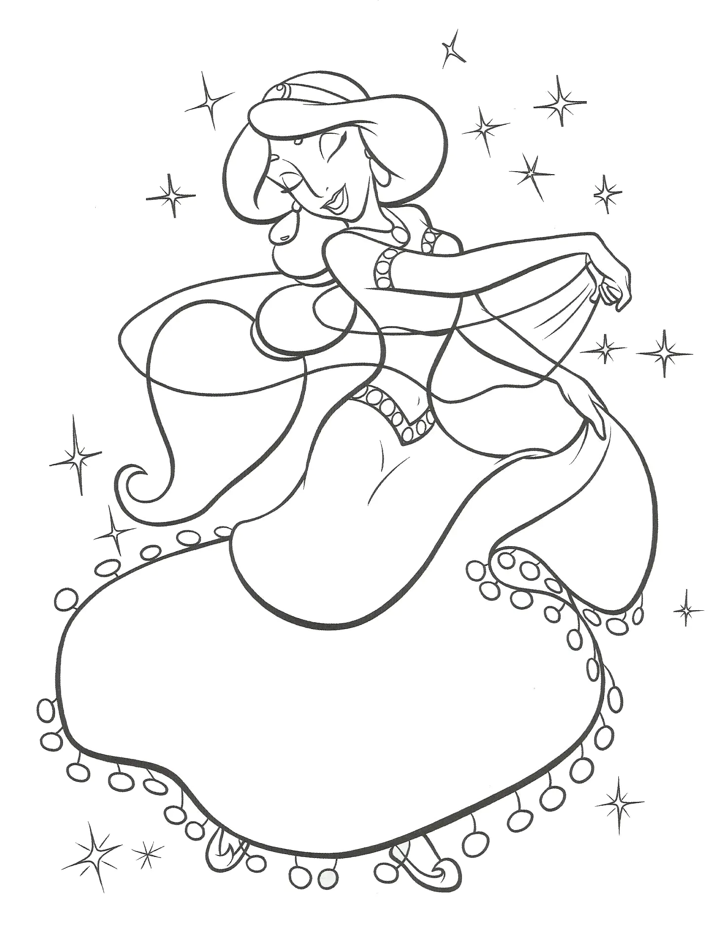 Jasmine num bonito vestido (Página de Aladin e Jasmine para colorir e imprimir para crianças)