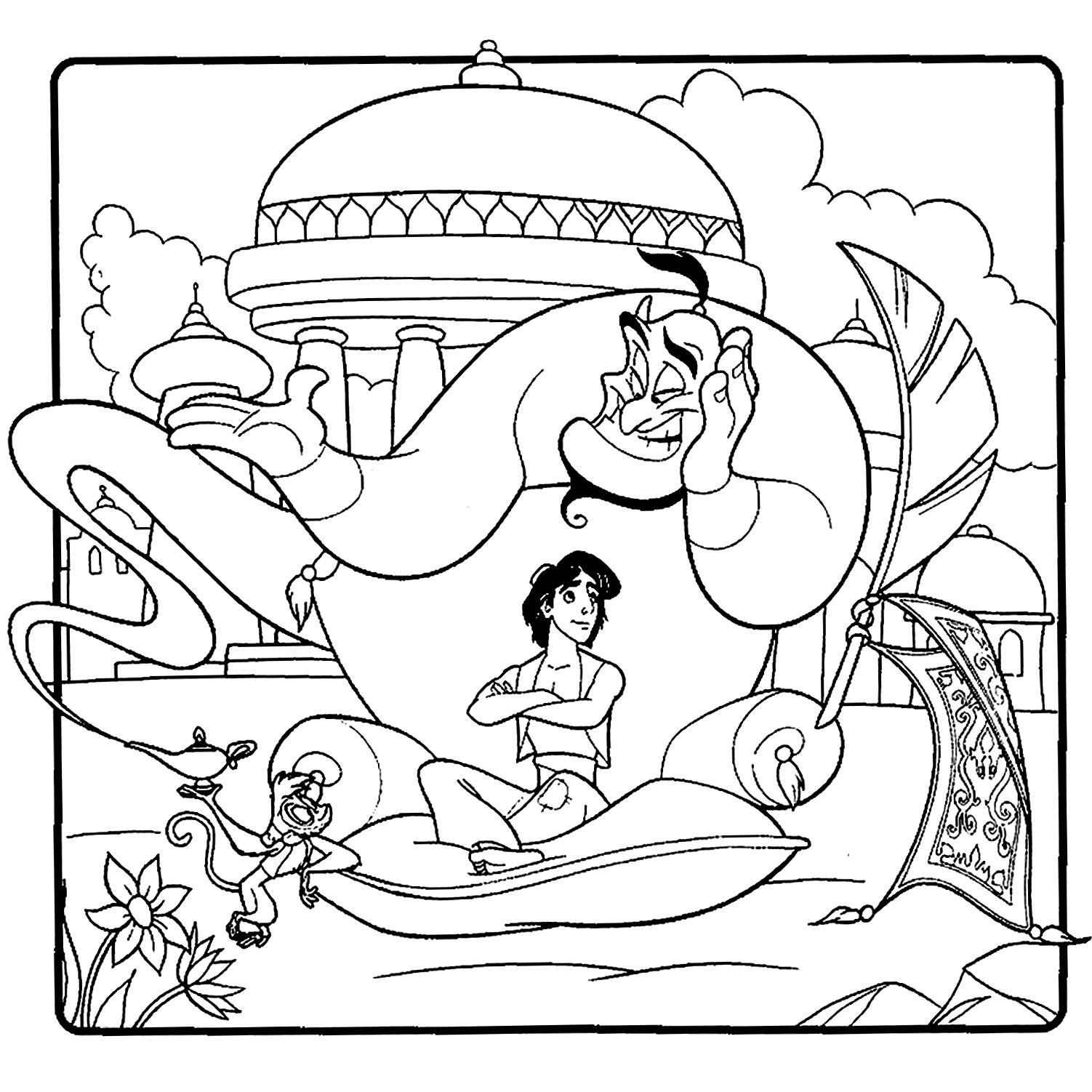 Bonita página para colorir de Aladino com o seu amigo génio