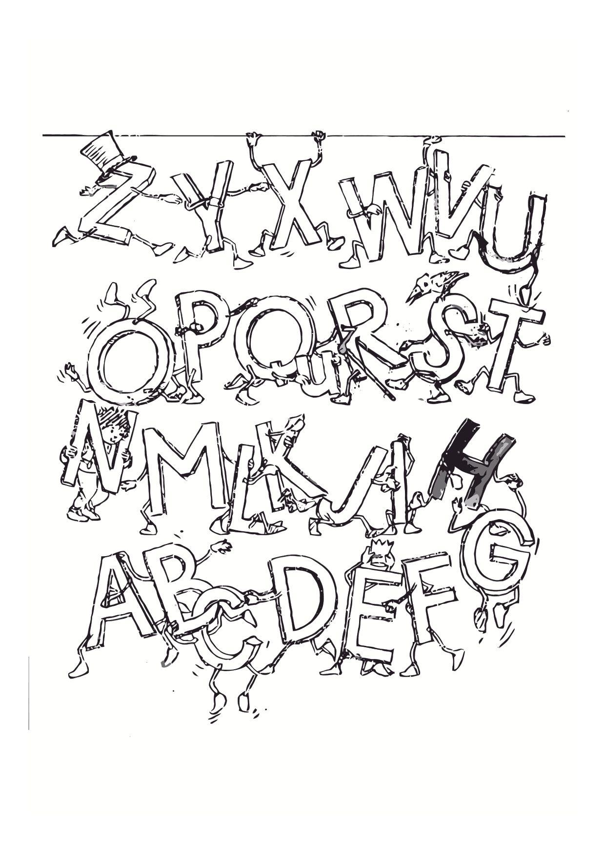 Um Alfabeto engraçado com caracteres para imprimir e colorir