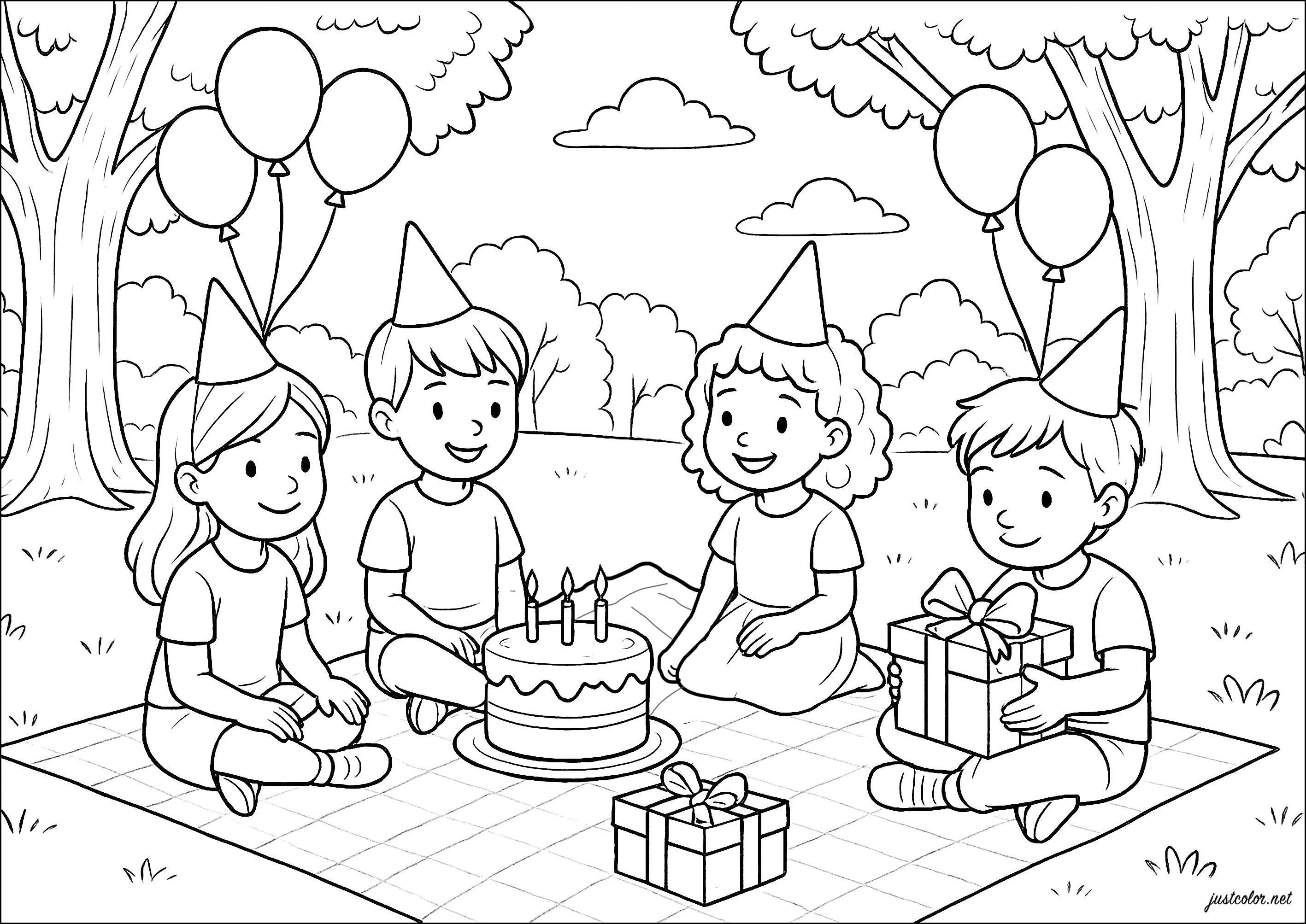 Piquenique de aniversário entre amigos - Páginas de Aniversários para  colorir para crianças, image size:2834x2006