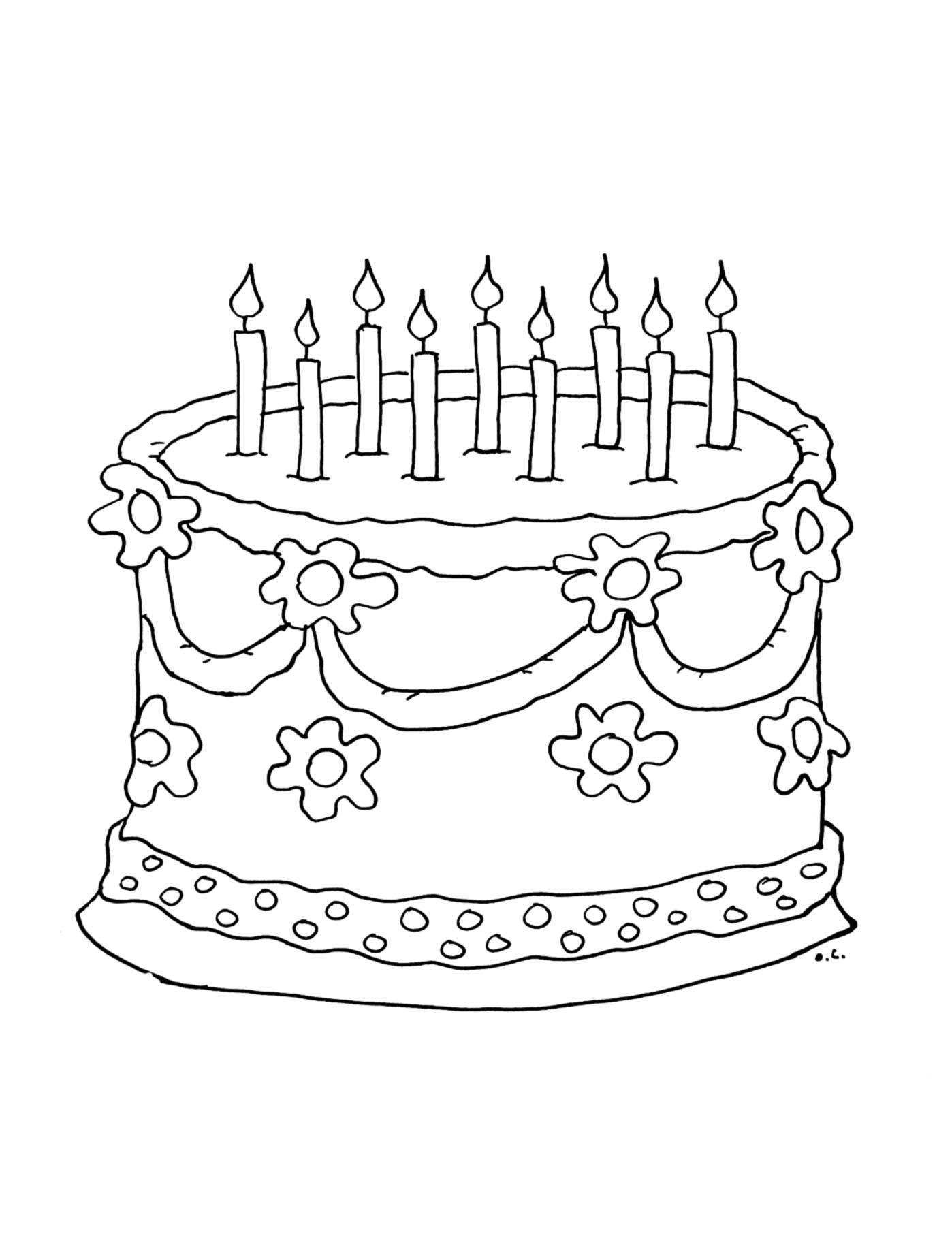Coloração de um grande bolo de aniversário com 9 velas para soprar