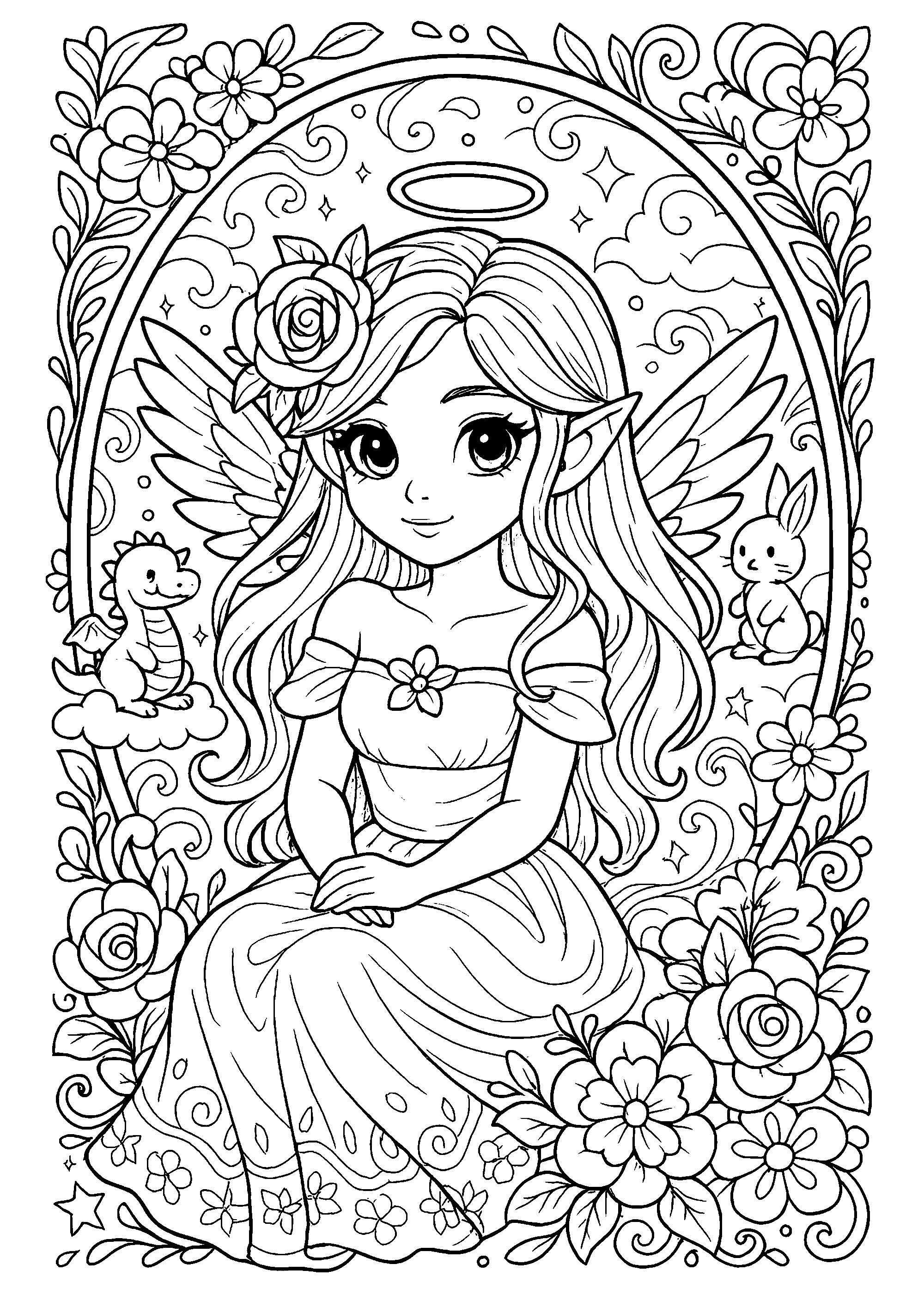 Anjo em estilo mangá - Páginas de Anjo para colorir para crianças, image size:2000x2828