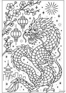 Dragão dançante e flores de ameixeira