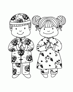Página de para colorir e imprimir para crianças : 2 crianças pequenas prontas para celebrar Ano Novo Chinês