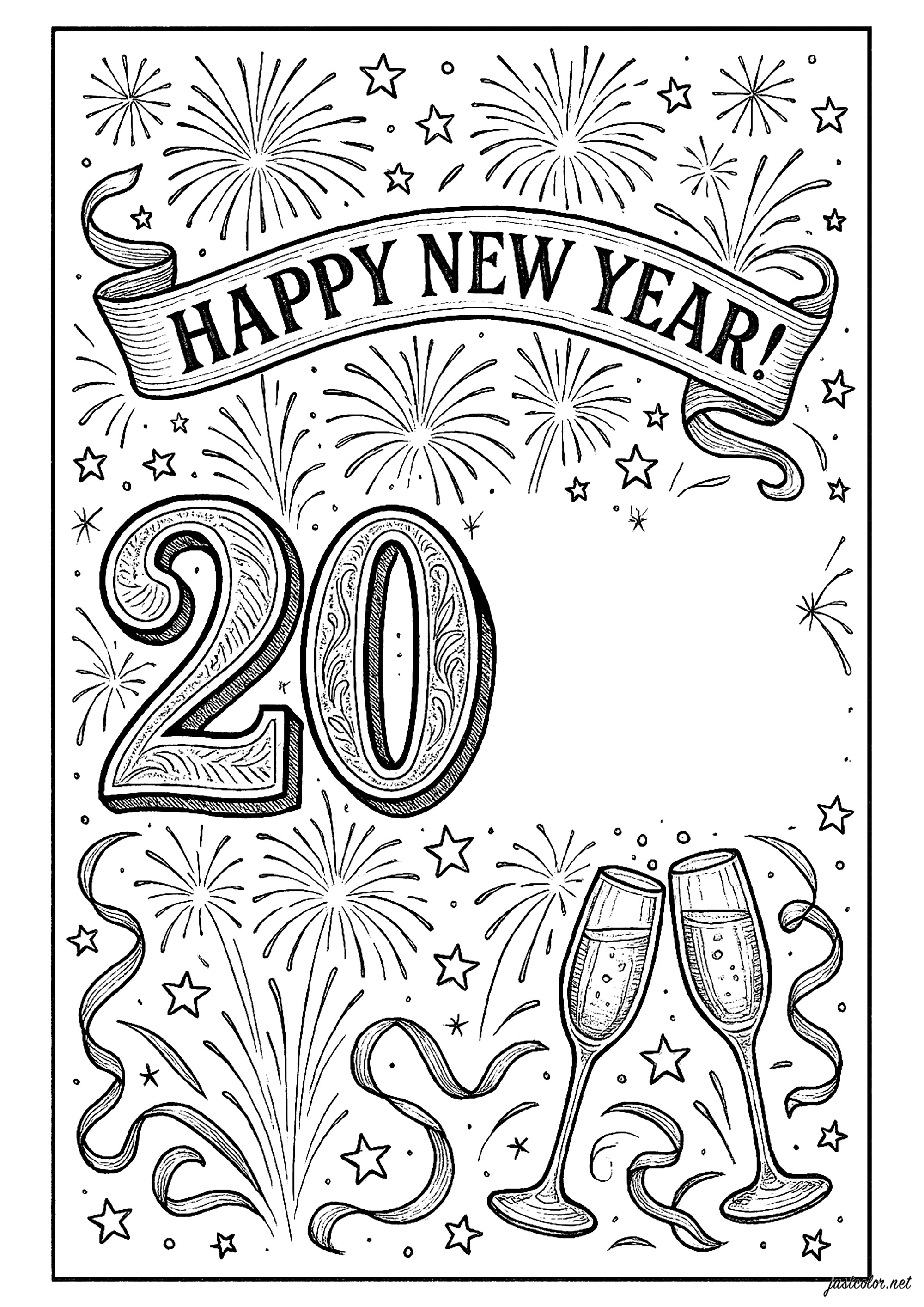 Celebração do Ano Novo com espumante (Página de Ano Novo Feliz Ano Novo para colorir e imprimir para crianças)