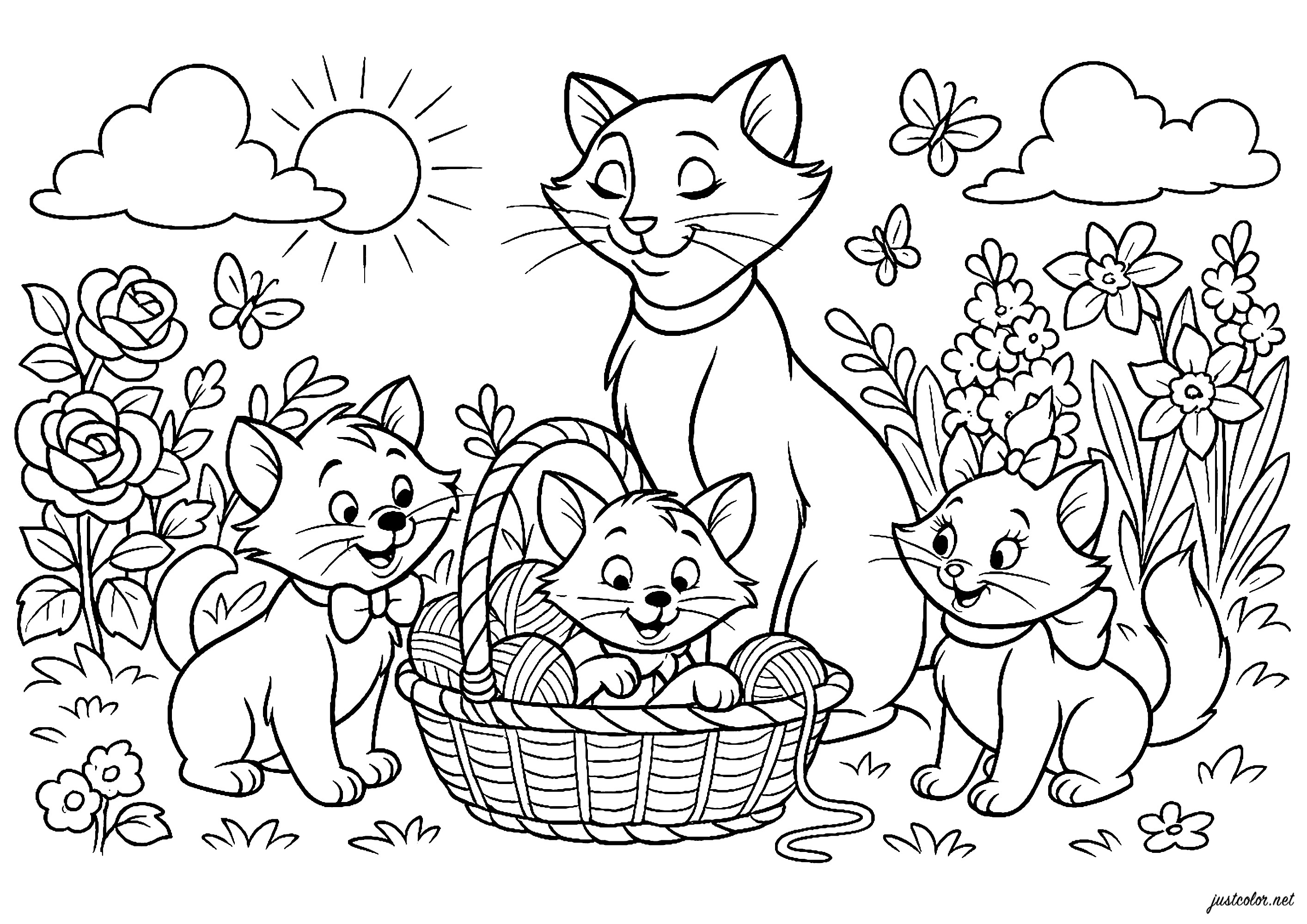 A Duquesa rodeada pelos seus gatinhos (Página de Aristogatos para colorir e imprimir para crianças)