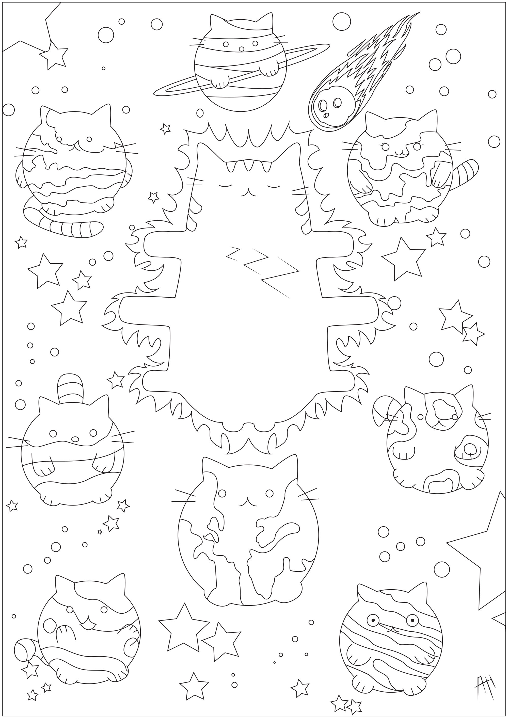 Colorir o sistema solar da Pusheen: O Sol, Mercúrio, Vénus, Terra, Marte, Júpiter, Saturno, Úrano e Neptuno, Artista : Axelle