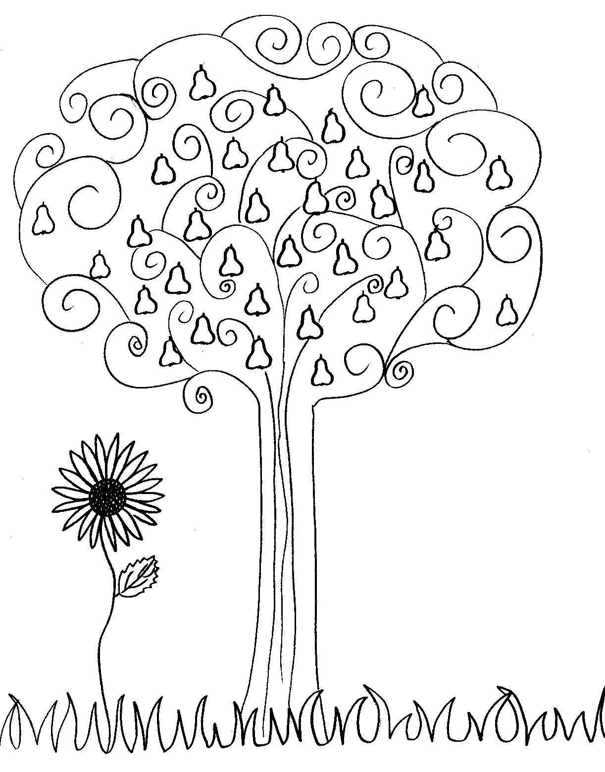 Desenho simples de uma árvore e de uma flor