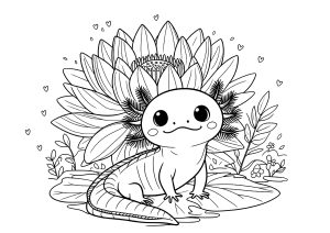 Página de Axolote para colorir e imprimir para crianças : Axoloti e flor de lótus