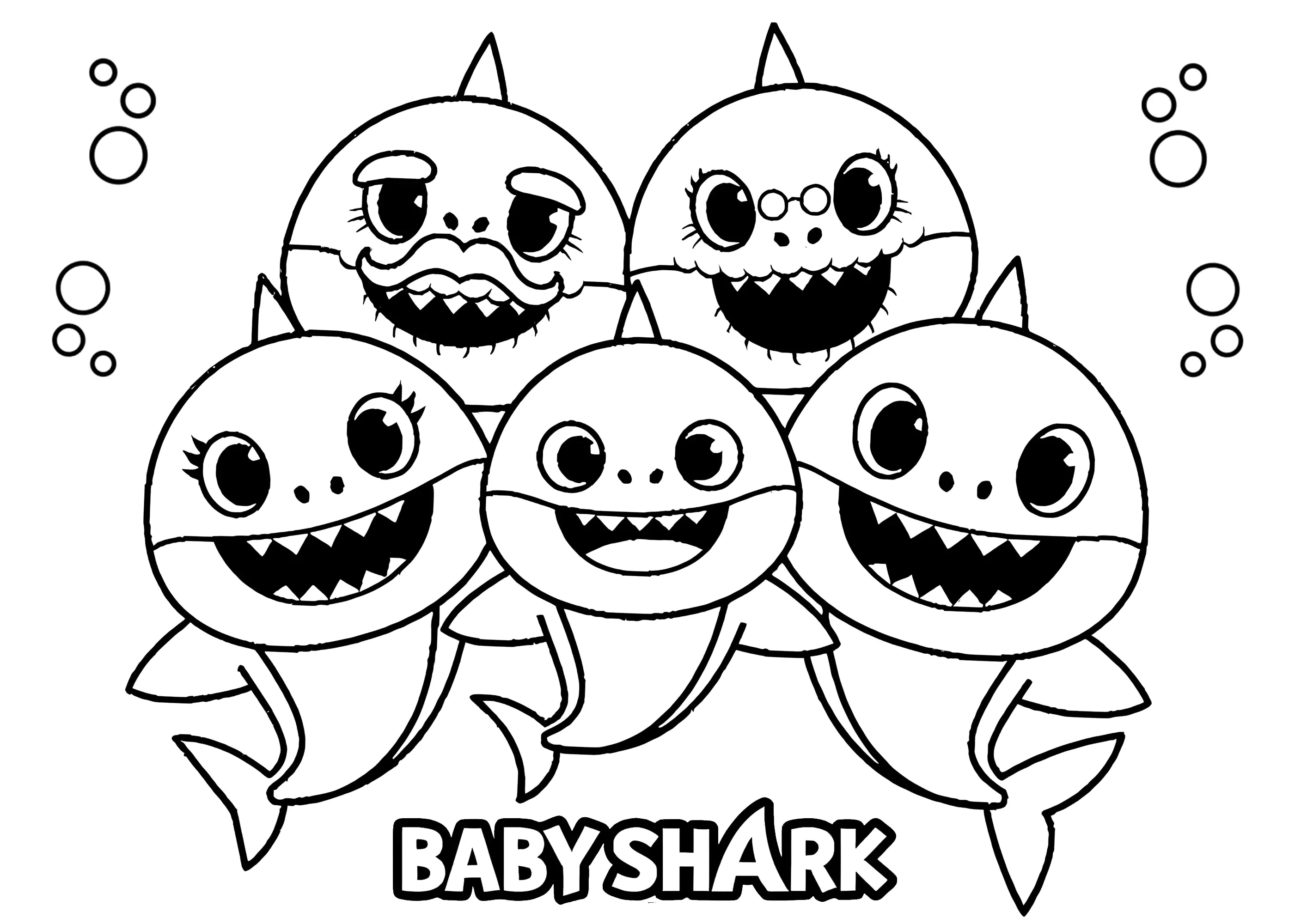 Página para colorir simples da família do tubarão bebé (Baby Shark)