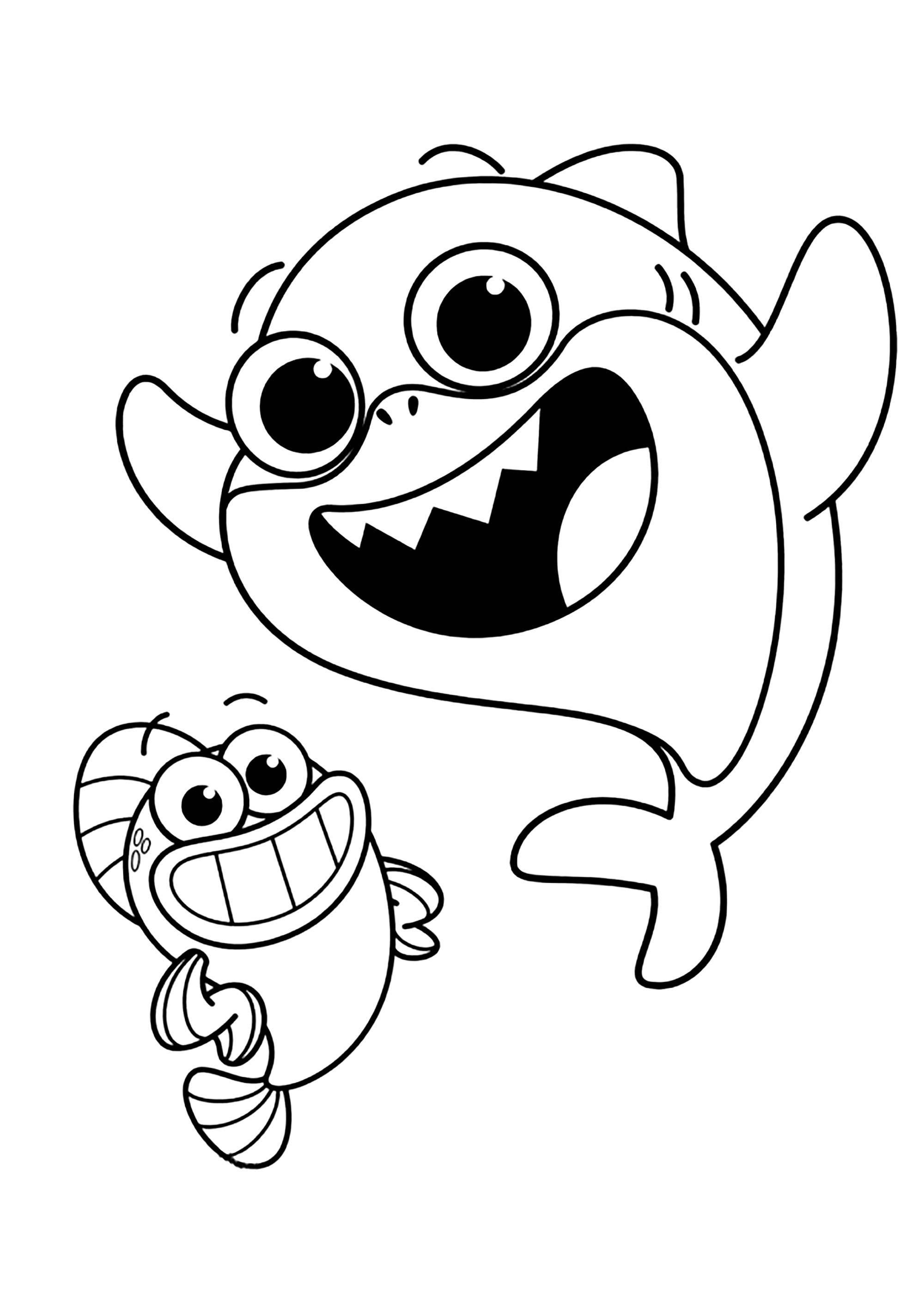 Página de Baby Shark para colorir para crianças : Tubarão bebé e um peixe sorridente Página de Baby Shark para colorir e imprimir para crianças : Tubarão bebé e um peixe sorridente