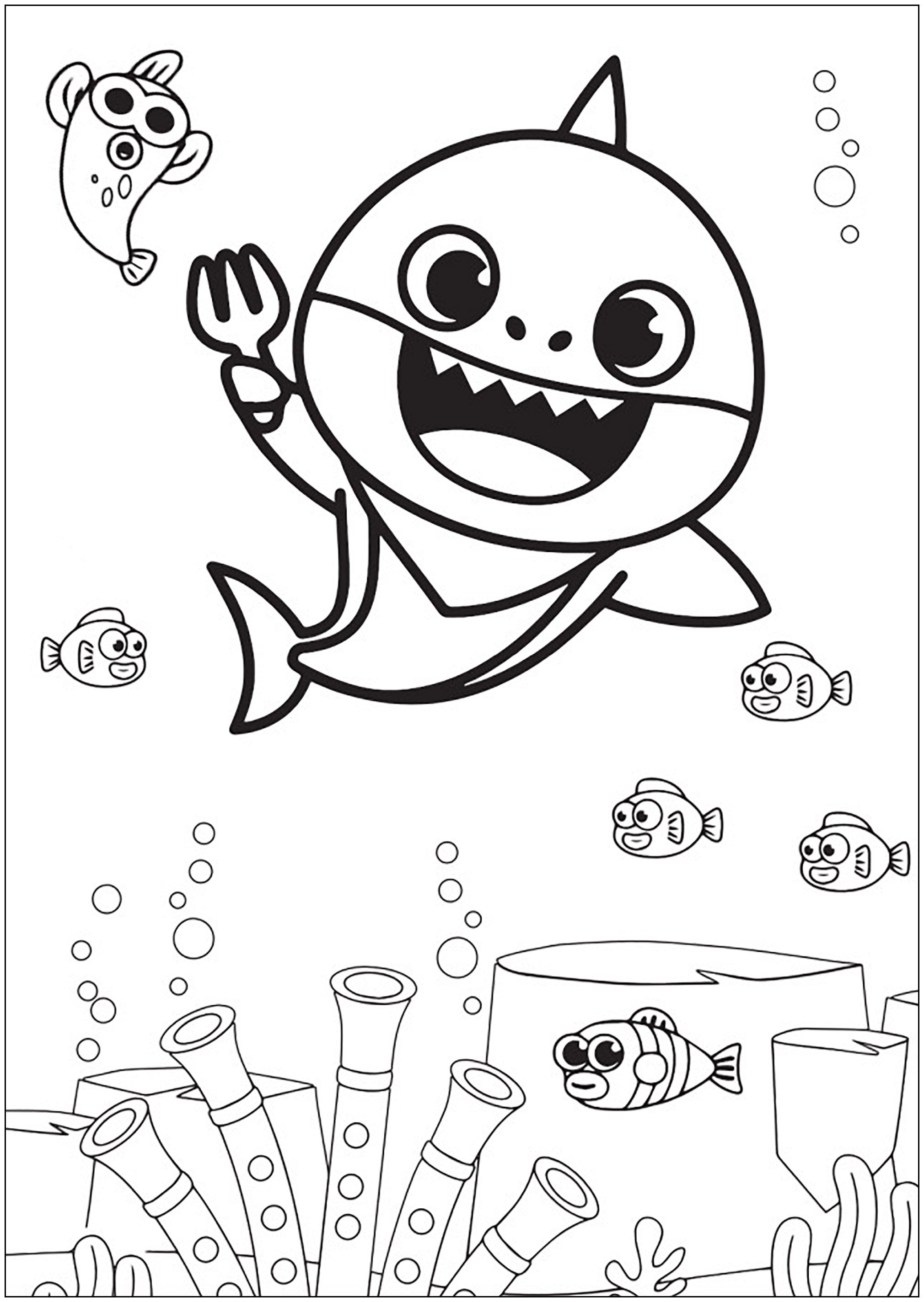 Tubarão bebé com peixes do fundo do mar e corais (Página de Baby Shark para colorir para crianças) Tubarão bebé com peixes do fundo do mar e corais (Página de Baby Shark para colorir e imprimir para crianças)