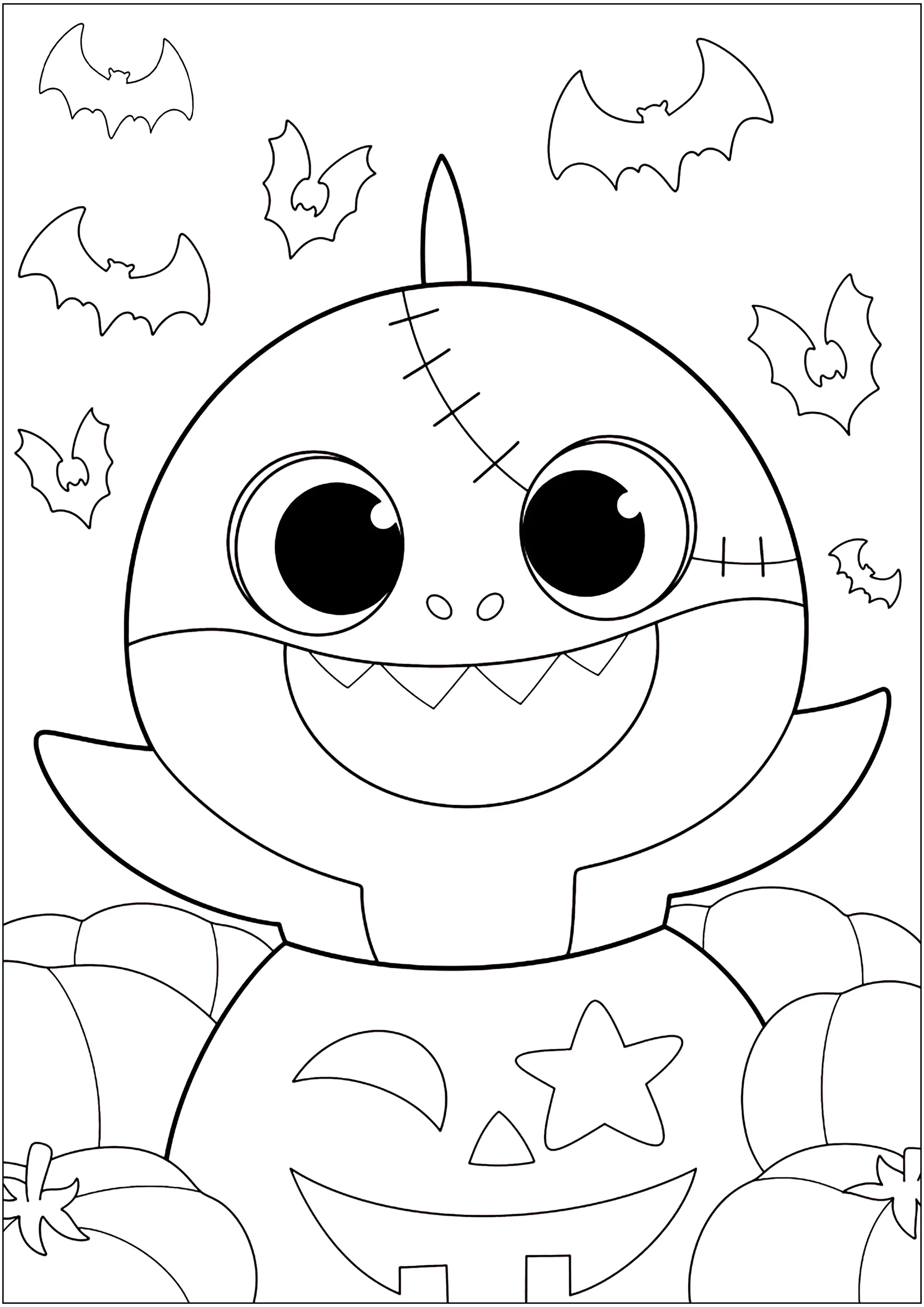 Halloween com o Bebé Tubarão: morcegos e abóboras (Página de Baby Shark para colorir e imprimir para crianças)