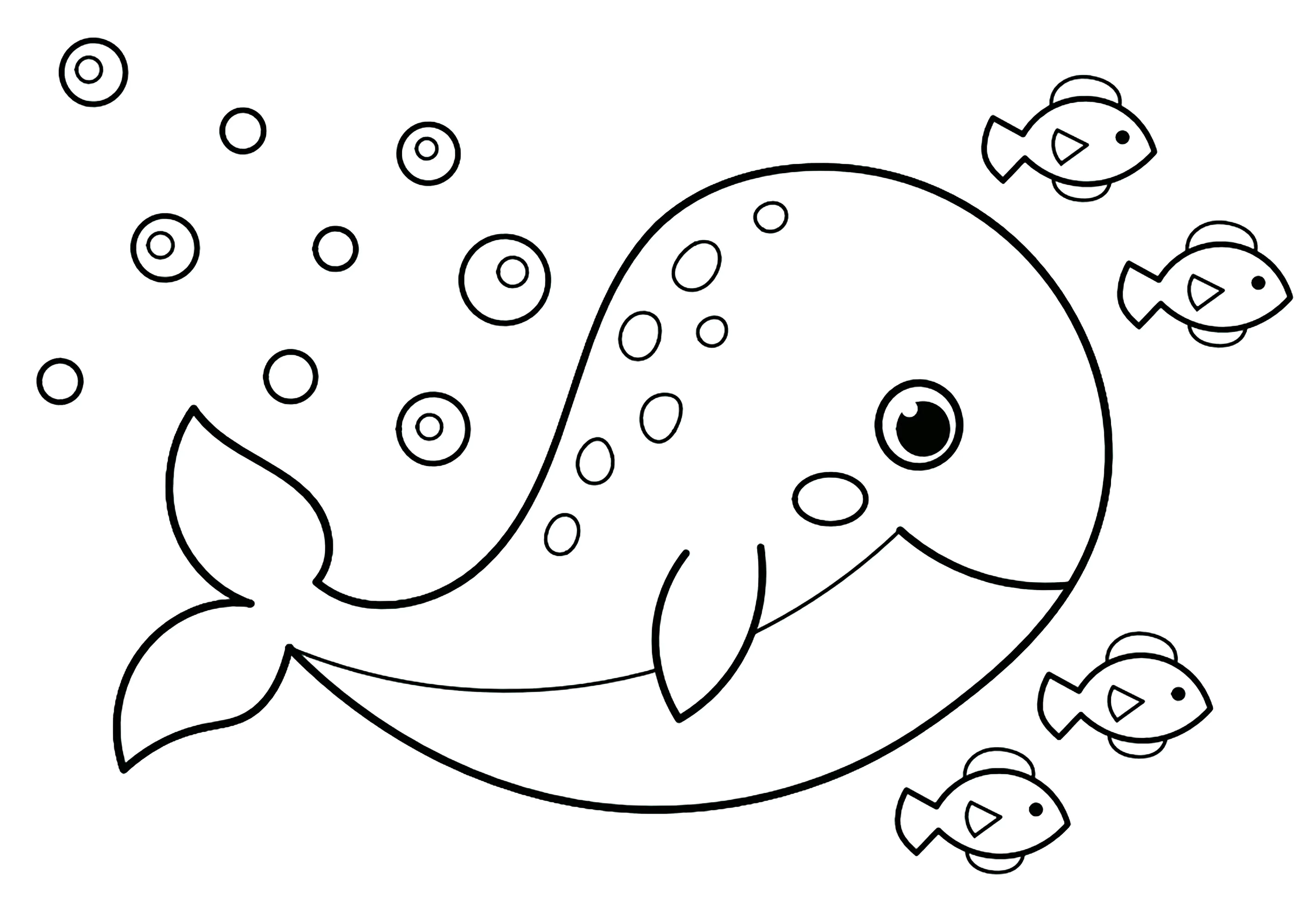 Uma grande baleia e quatro peixes à sua frente (Página para colorir e imprimir para crianças)