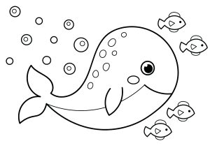 Página de para colorir e imprimir para crianças : Uma grande baleia e quatro peixes à sua frente