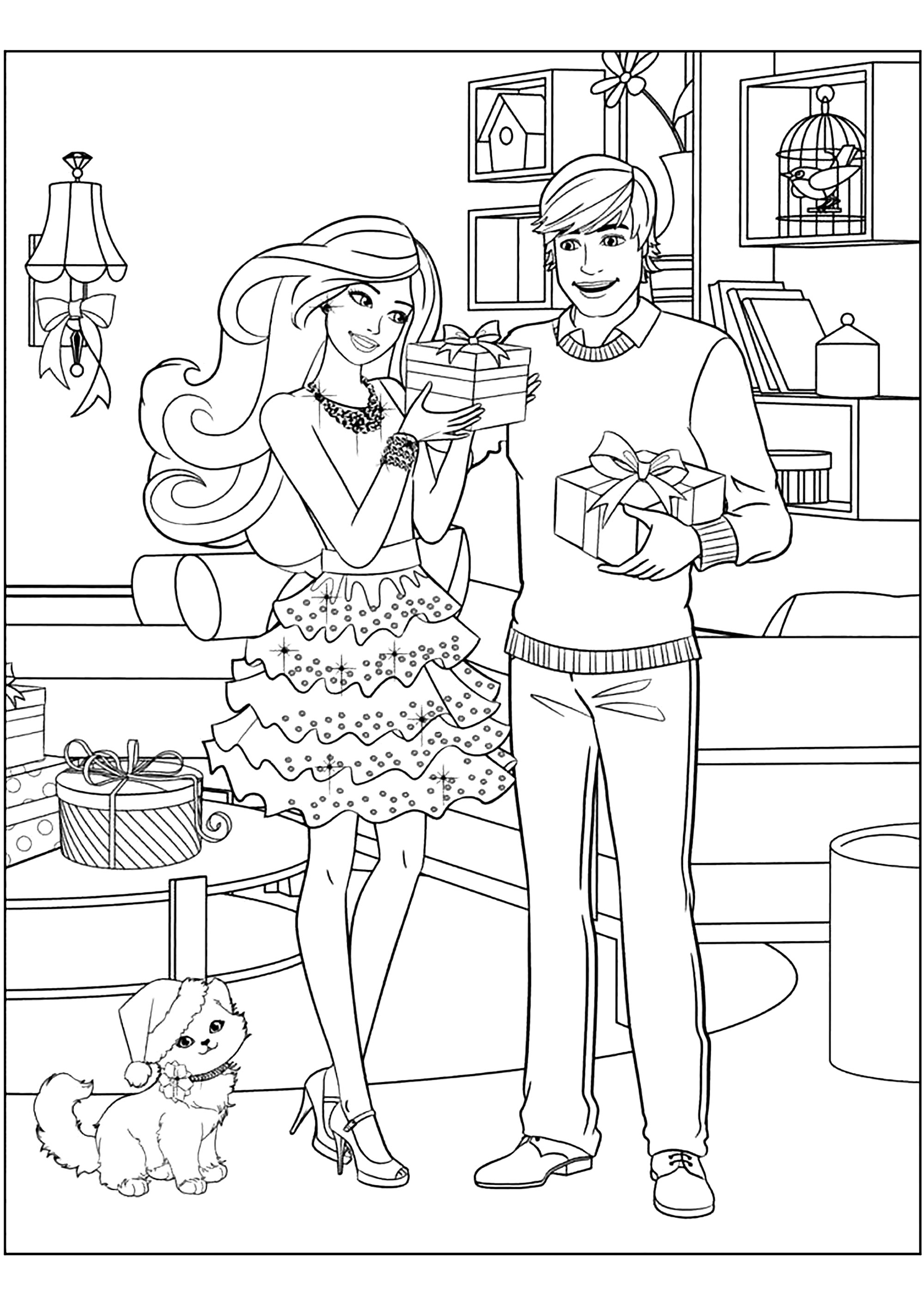 O Ken e a Barbie dão presentes um ao outro. Muitos pormenores para colorir nesta bonita página para colorir com a Barbie e o Ken