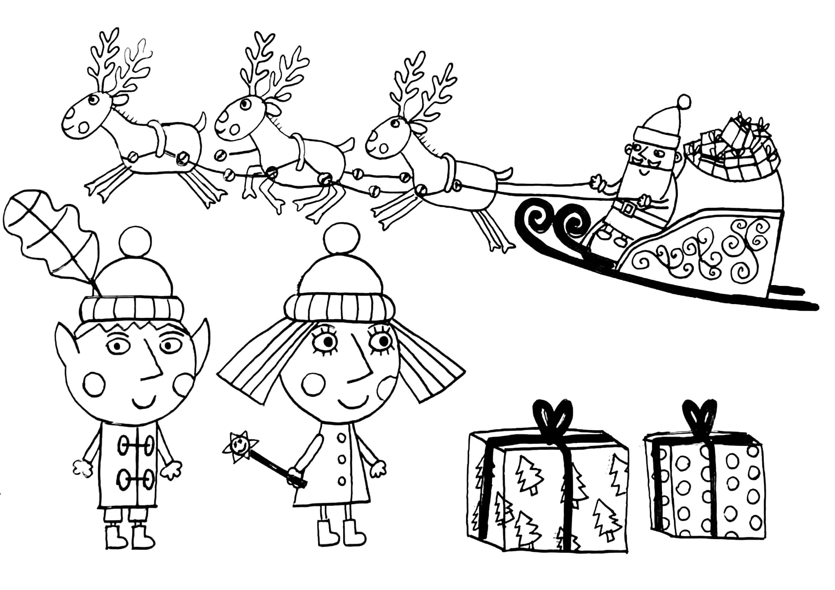 O Pai Natal vem buscar o Ben e a Holly (Página de O Pequeno Reino de Ben e Holly para colorir e imprimir para crianças)