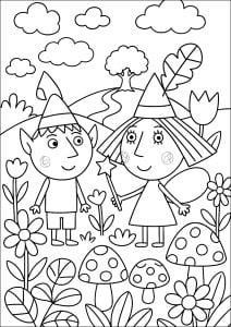 Encontro encantado no país das fadas (Página de O Pequeno Reino de Ben e Holly para colorir para crianças)