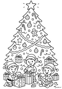 Duendes de Natal a preparar presentes (Página de Berço de Natal para colorir para crianças)