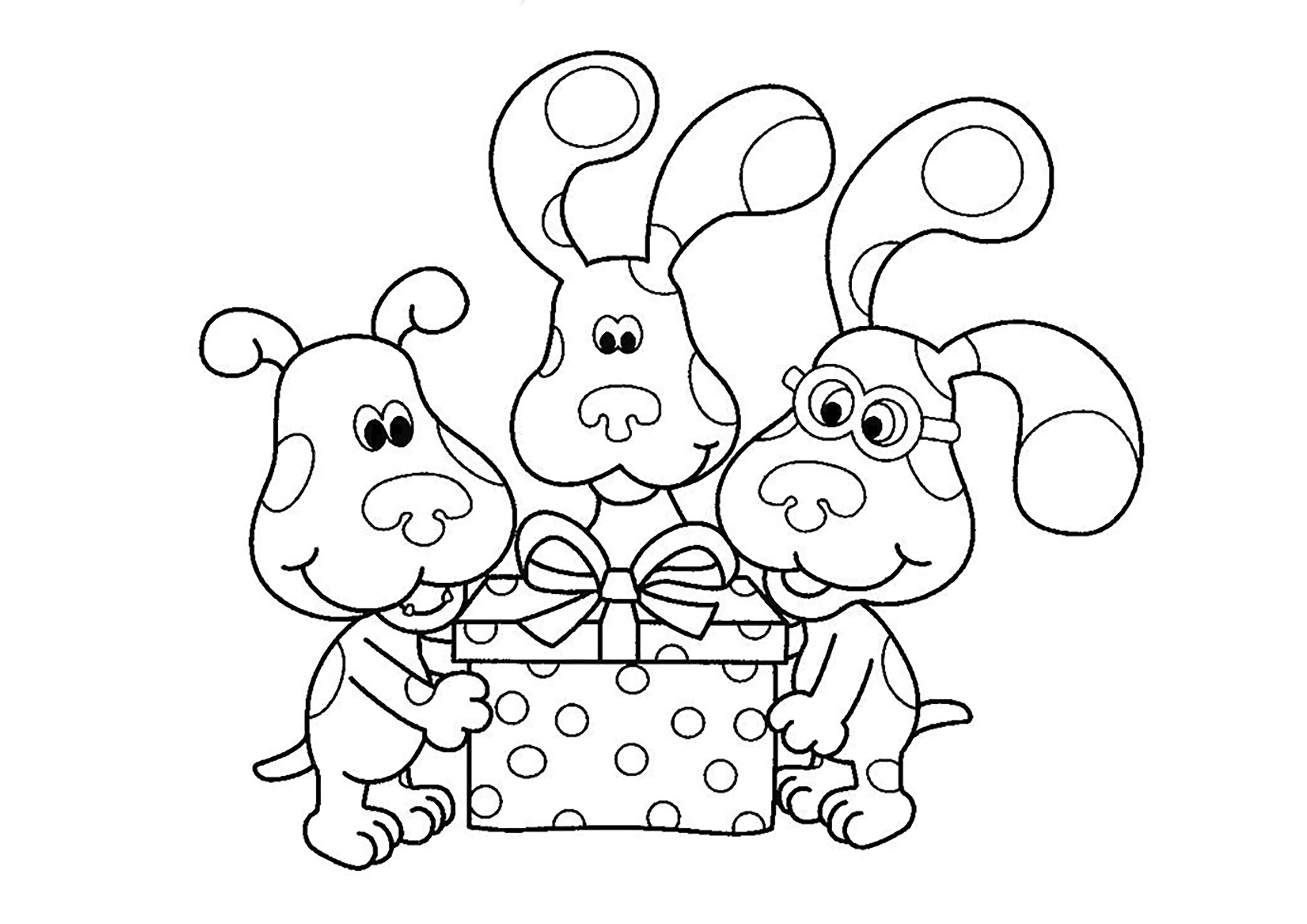 Três cães para colorir em três cores diferentes - Páginas de Blue's Clues  para colorir para crianças, image size:2828x2000