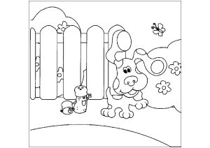 Página de Blue's Clues para colorir e imprimir para crianças : Cachorro verde no jardim