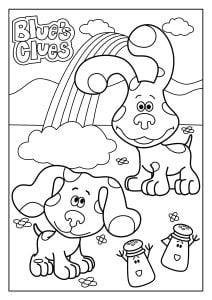 Página de Blue's Clues para colorir e imprimir para crianças : Dois cães e um bonito arco-íris