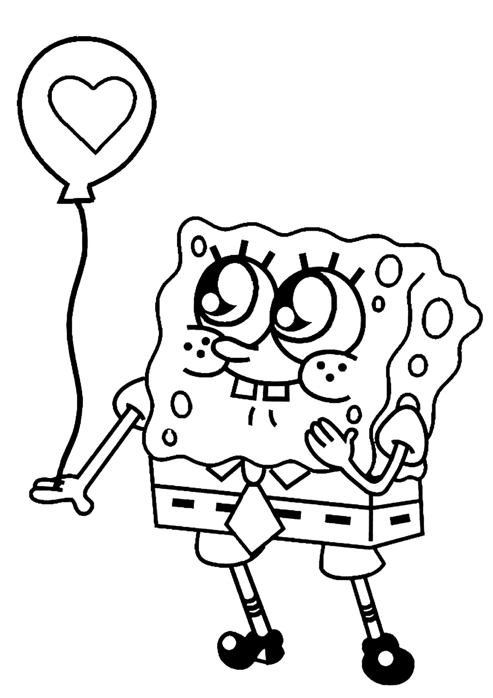 Desenho simples do Bob Esponja para colorir, com um balão com o desenho de um coração