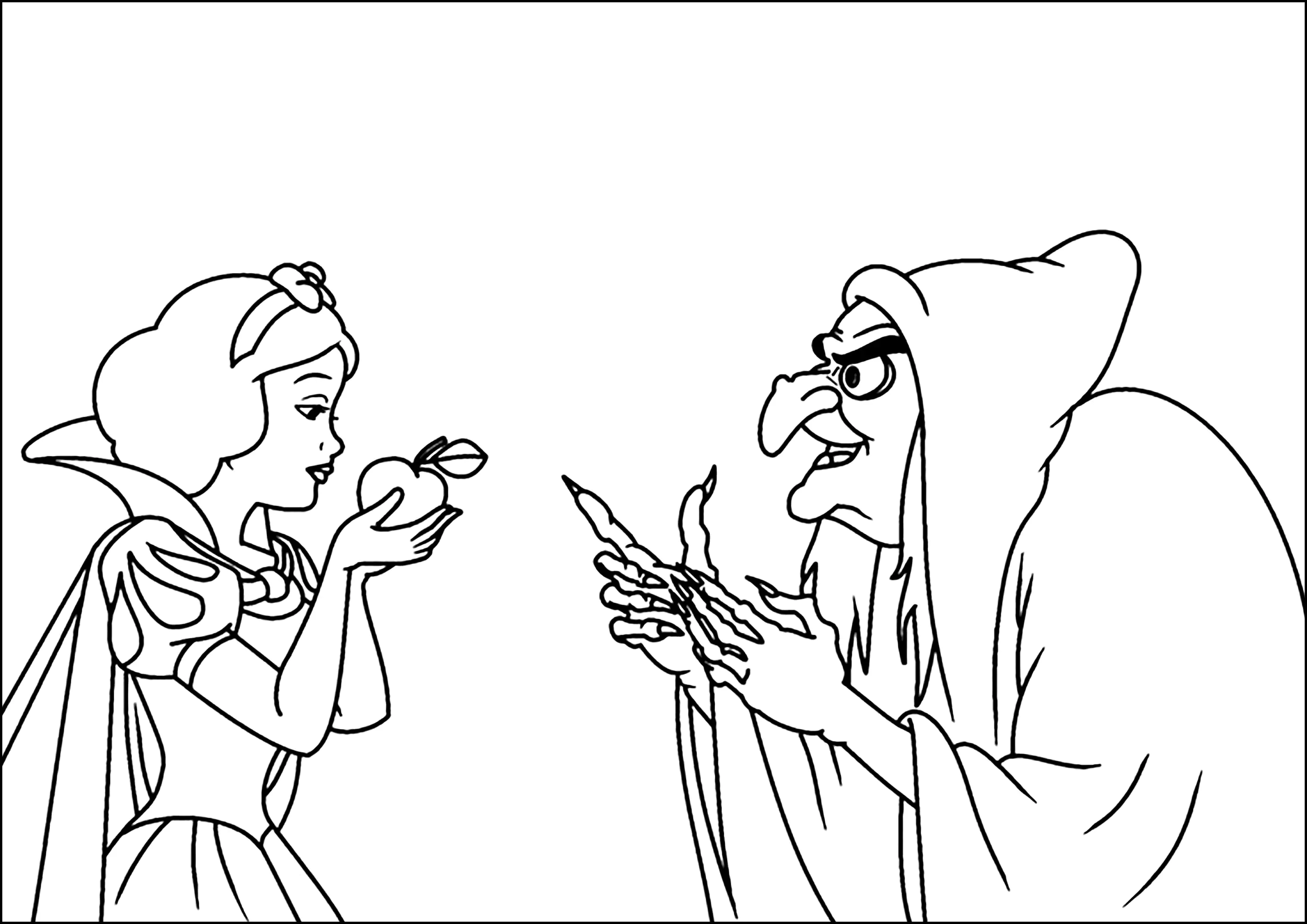 A maçã envenenada da bruxa (Página de Branca de Neve para colorir e imprimir para crianças)
