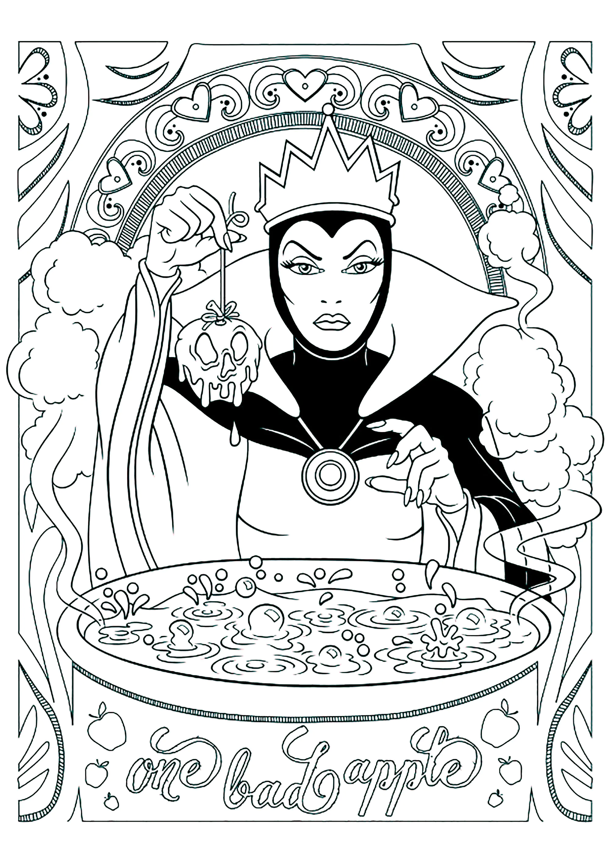 A Rainha Má de Branca de Neve prepara uma maçã envenenada (Página para colorir e imprimir para crianças)